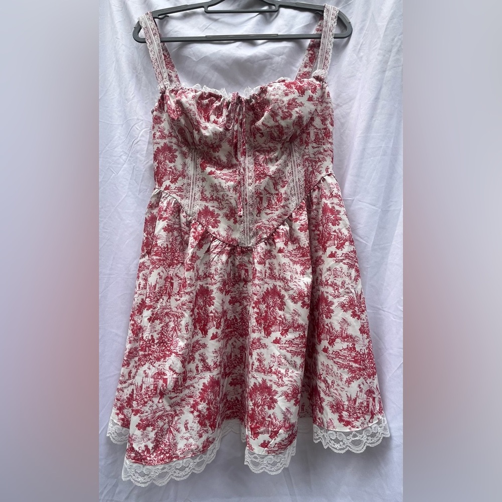 *SOLD* NWT | Women’s BooHoo Red Porcelain Strappy Milkmaid Mini Dress | Size 8 - Picture 2 of 13